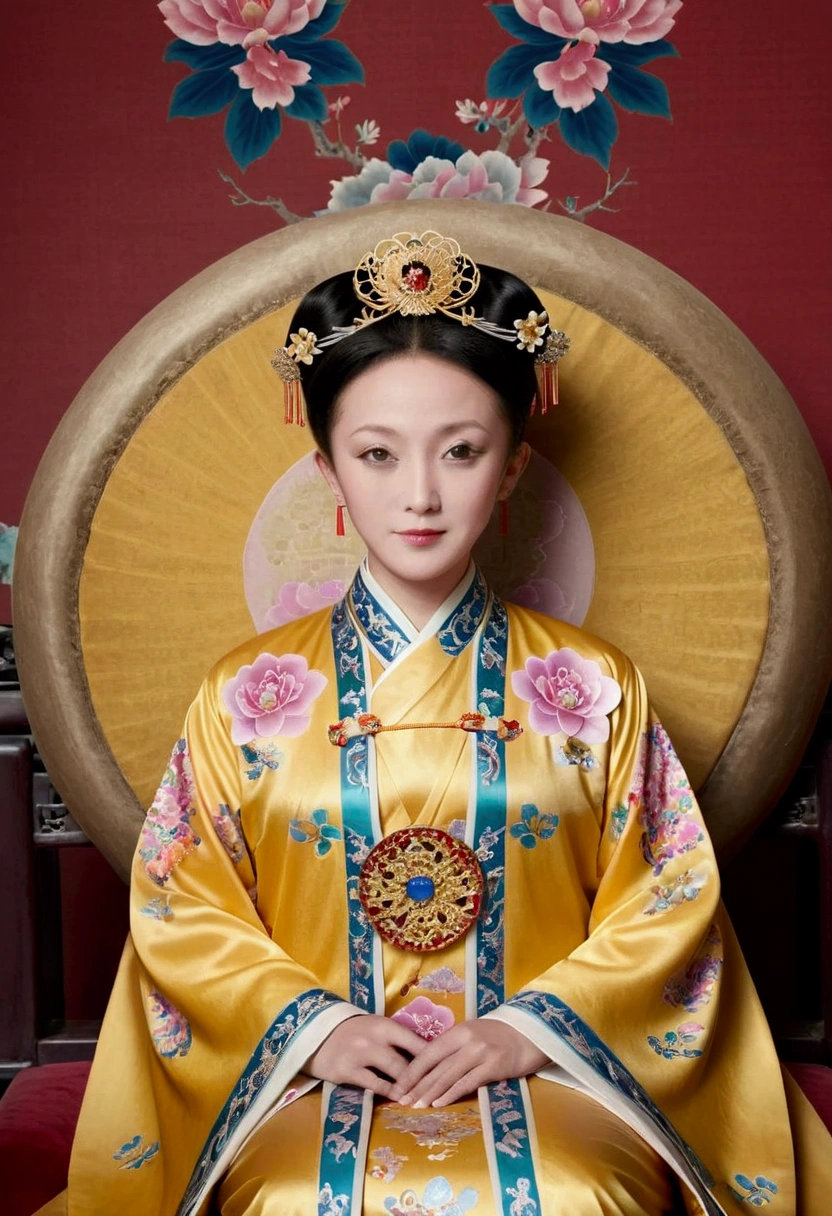 From the pre-Qing period, The Empress sits naked on a large golden sofa in the palace, Her legs were spread, At the Chinese court during the Qing Dynasty, Empress of the Qing Dynasty, Wearing the great crown of the Chinese Empress, Belly and thighs visible from below.。She is completely naked, Showing off gorgeous large flowers and hairpins, She tied her hair up and pulled it up, 背景はEmpress of the Qing Dynastyの豪華な宮殿.