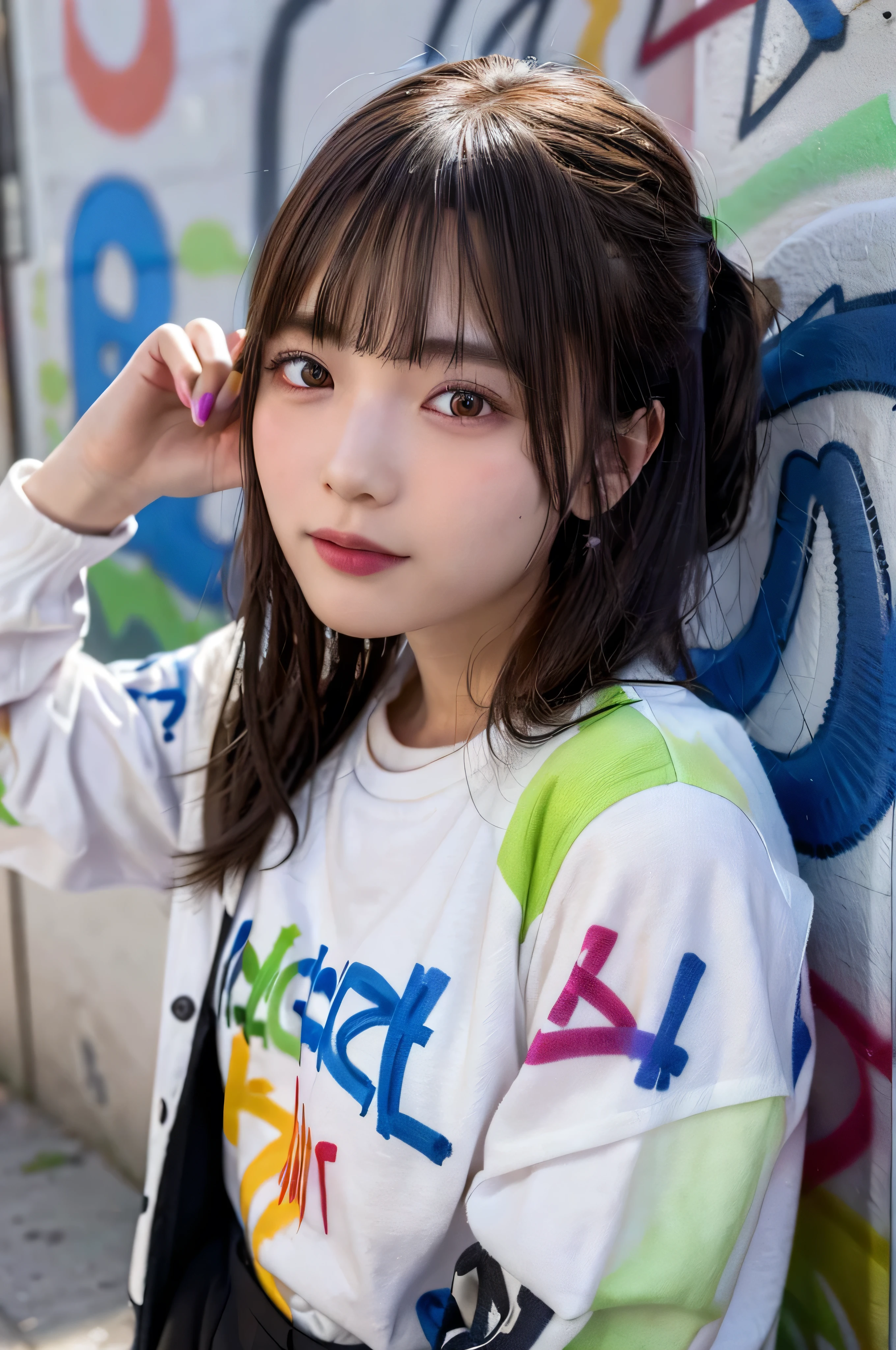 (best quality), masterpiece, extremely detailed CG uniform 8K illustration, high color, extremely high color saturation, all colors deepened, paint, graffiti art, center composition, extremely detailed light and shadow, graffiti wall, wall painted bright, 1 girl graffiti 1 girl looking at the wall, extremely detailed face and eyes, medium length hair, sportswear, colored clouds