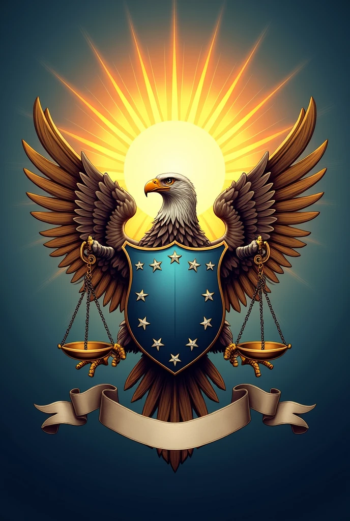 Sun in the back with shield with stars in the front with wing and scale of justice with eagle on top with sword and a empty banner as a logo