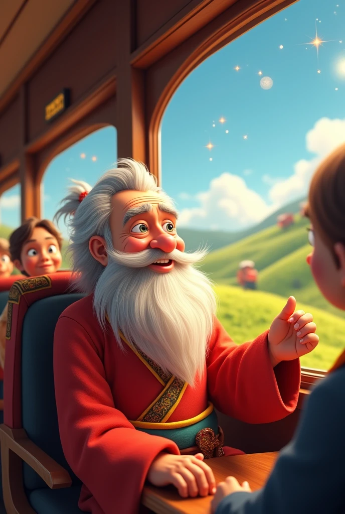 Ek baba train mein baat karta hua 3D animation cartoon style