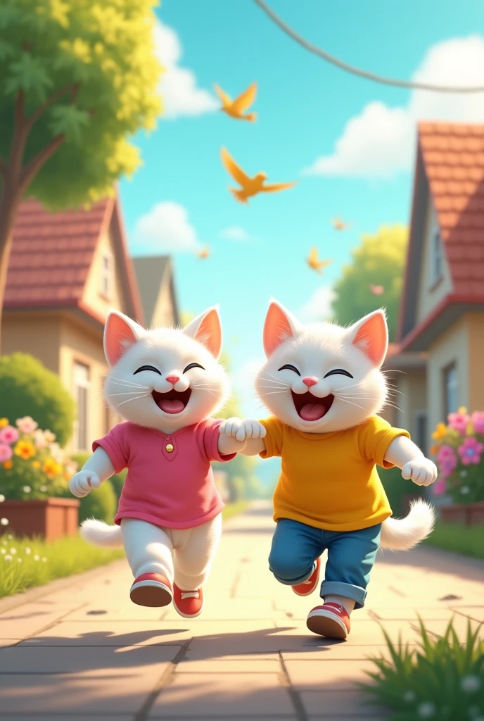 a white cat in pink shirt and white half pant and white cat is yellow shirt and blue jeans running to school holding each other's Hands laughingly
