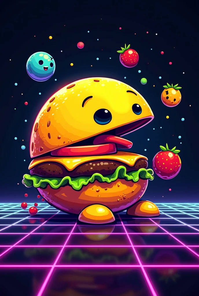 Pac man fused with a hamburger keeping his mouth open made into a vintage retro 80s pixel art style logo