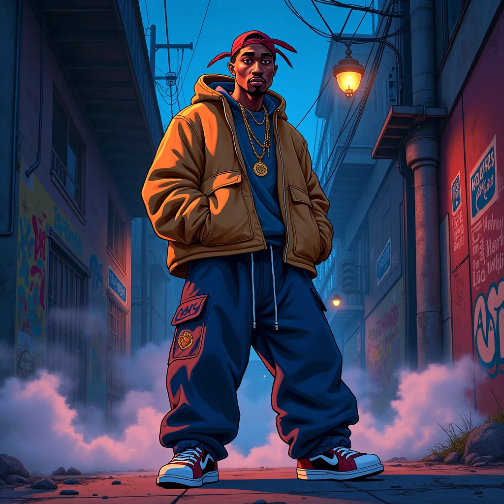 {Anime arstyle:1.2}, Tupac, baggy clothing,dark