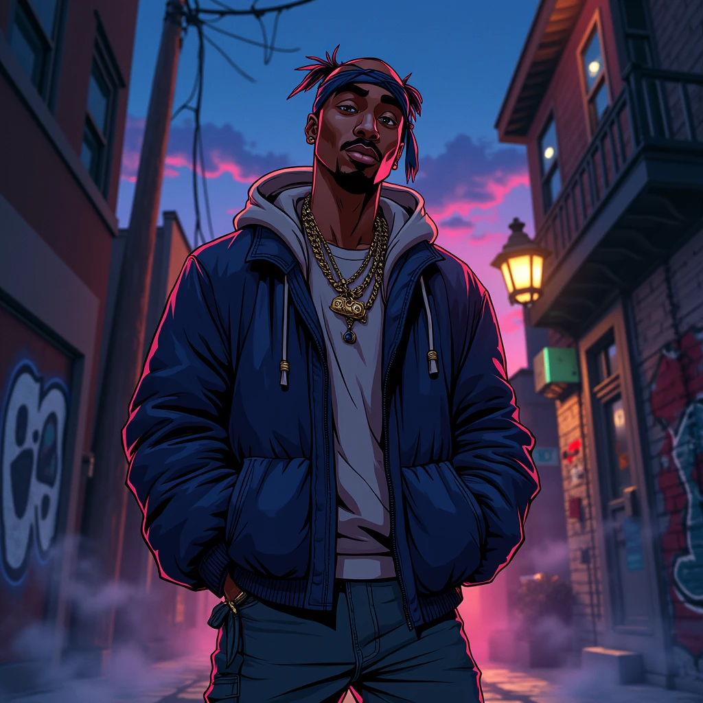 {Anime arstyle:1.2}, Tupac, baggy clothing,dark