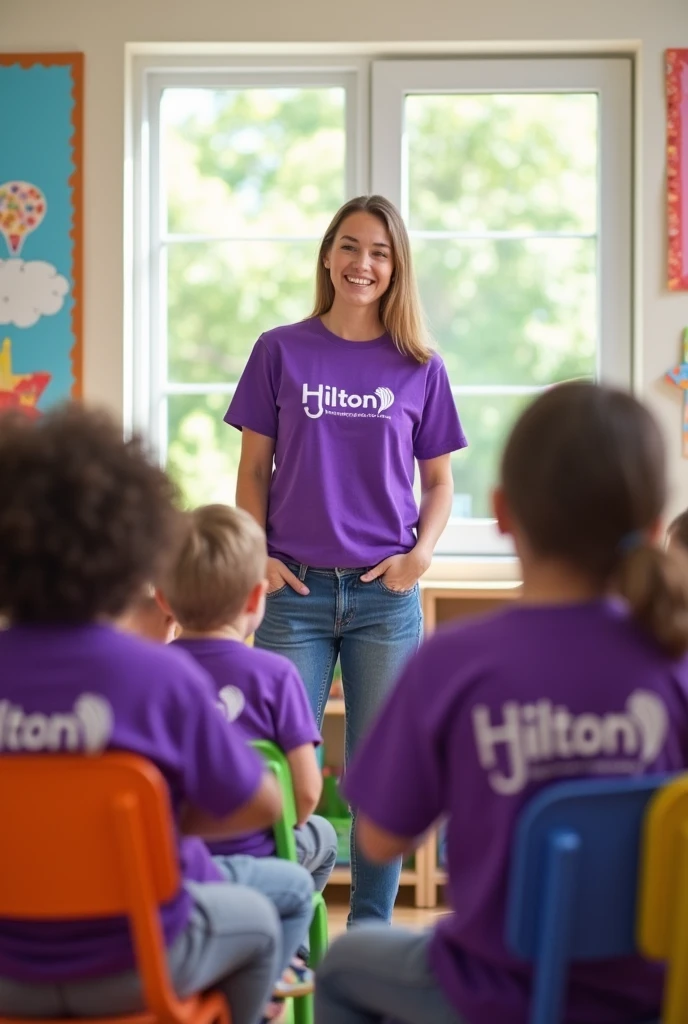 cheerful little white children in purple t-shirts listening to teacher. the chairs are arranged in a circle. There is an inscription on the T-shirts "Hilton"