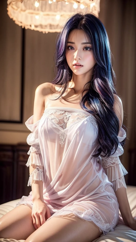 (8K, highest quality, masterpiece:1.2),  (realistic, Photoreal:1.37),  Super detailed, one girl, (very detailed), (detailed and beautiful eyes), ((((highly detailed artwork))))、Earrings、((Two-toned hair))、[pink hair]、(((Inside a stylish secondhand clothing store)))、(masterpiece、Highest quality、In 8K、32K、masterpiece、Super huge 、Ultra-high resolution、Impressionism、Realistic:1.2)、((fullbody)), ((Cowboy Shot)),  Sharp focus、Beautiful face with detailed background of face and eyelids、Glowing Skin、Sharp pupils、Realistic eyes and beautiful face、Blurred Background、Beautiful 24 year old girl、Glowing Skin、(((bright and beautiful hair)))、iris、curve、Powerful composition,  ((seductive looks))、((horny expression)), perfect figures, slim girl, big breasts 

A young woman,  (shoulder-lenght hair),  (dark blue hair), pink hair, (hairstyle), ((wearing a white sleeping gown which is slightly sheer)),  (sexy outfit),
 She is seated on a bed,  white lights illuminate the scene、