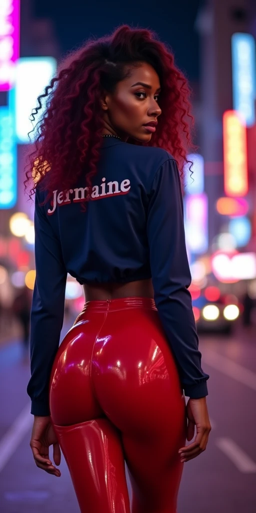 MASSIVE BUTTOCKS:2, MASSIVE HIPS:2, red plastic leggings, UHD, She's a dark skin melanin Queen with tiny thin waist, city street, shapely body, navy blouse says "Jermaine", best quality, swanky burgundy hair, night 🌙 time, no nudity 