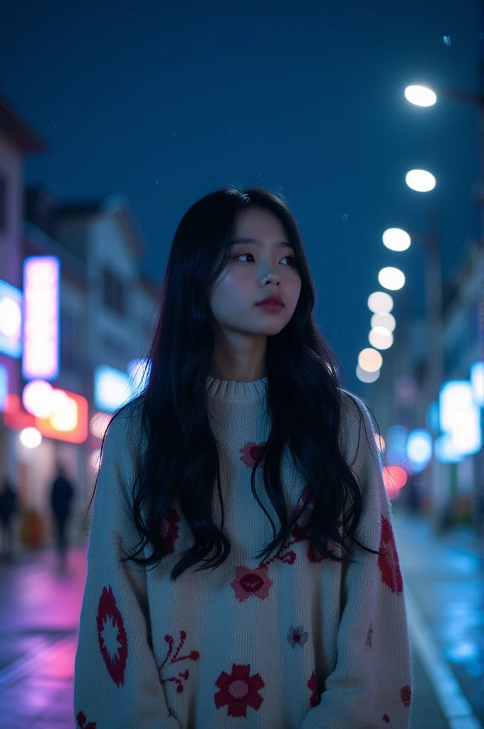 Korean girl with black hait at night