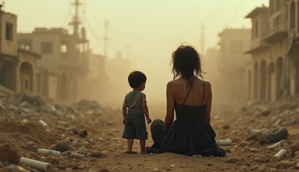 from above, photo taken from the back of a  asian boy, 3 year oing at a woman sitting on a ruble with no expression (wearing dark dirty dress with messy hair), on the ruin of a city, sand cloud, heat, hazy, rubles, debris, desaturated, low contrast, cinematic
