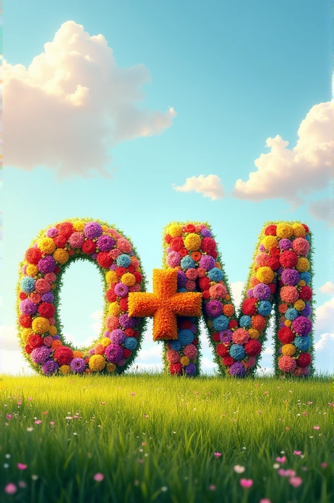 Give me some image there letters "O" and "M" formed by a variety of colorful flowers against a sky background. The "+" sign in the middle, also made of flowers, suggests a connection between the two letters, possibly symbolizing a relationship or a combination of initials. The sky with clouds adds a peaceful, natural atmosphere to the scene.