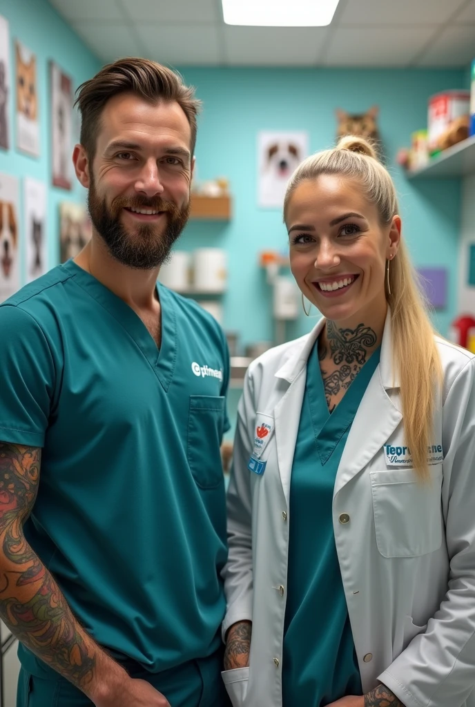 veterinary,male, female, Optimeal logo on suits, pets, over 25 years old, ambitious, high self-importance, eager to learn, men mostly wear beards (a trend), girls have tattoos and long hair, higher education