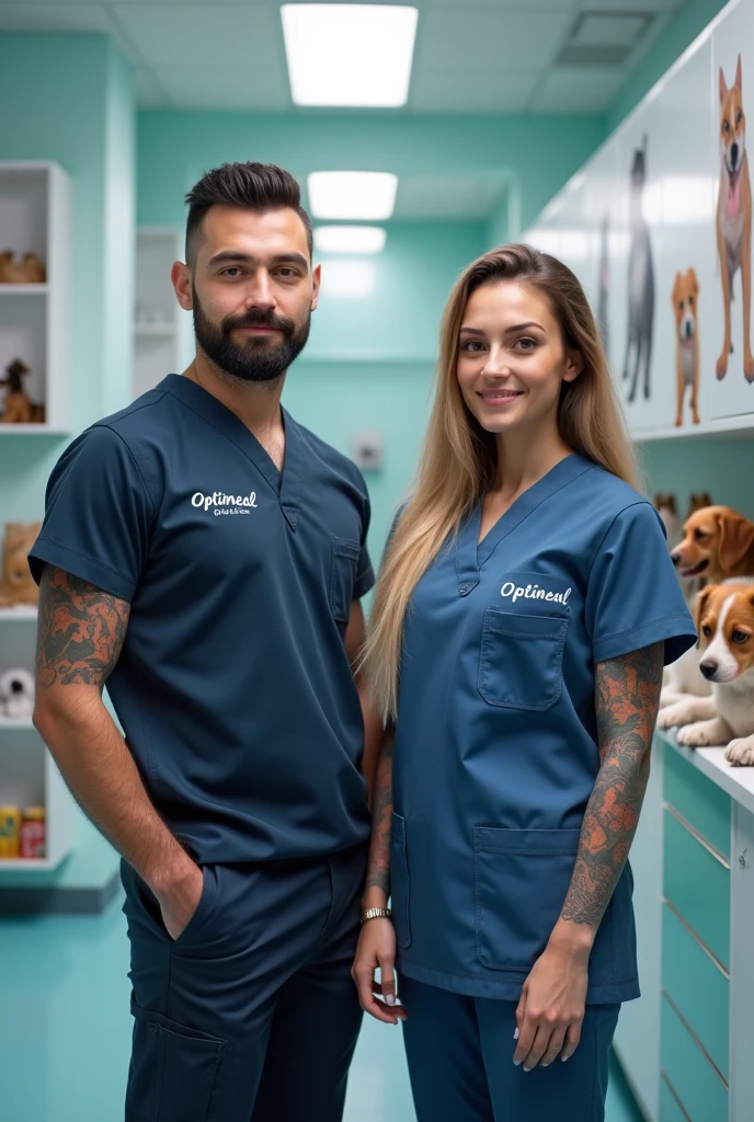 veterinary,male, female, Optimeal logo on suits, pets, over 25 years old, ambitious, high self-importance, eager to learn, men mostly wear beards (a trend), girls have tattoos and long hair, higher education