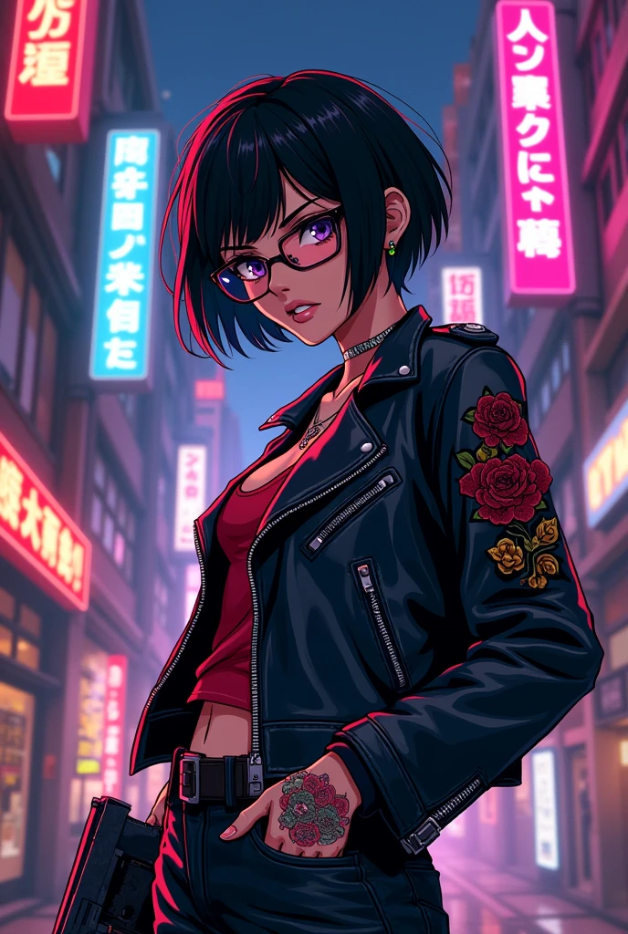 Tomboy anime girl yakuza leader glasses with  gun