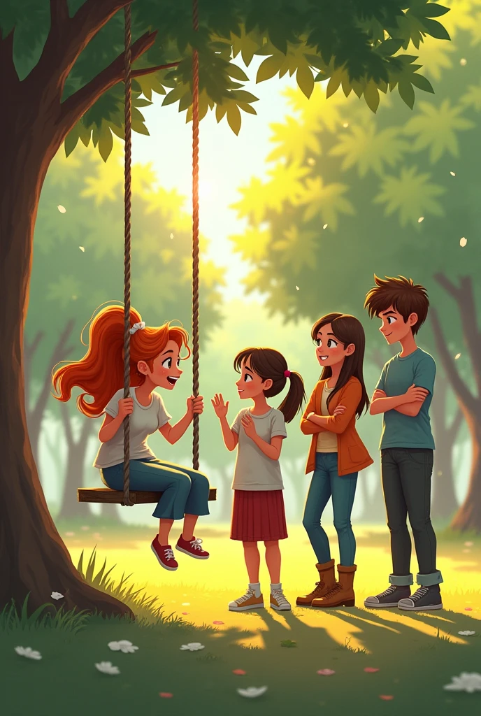 generate an anime image about this scene
One afternoon, as Daisy sat alone on a wooden swing in the village park, lost in her thoughts, her three friends approached her. Lily, always the most outspoken of the group, decided it was time to talk to Daisy about why she never came to church with them.
MAKE THE IMAGE LOOK LIKE THEY’RE TALKING
THEY ARE GROUP OF FRIENDS WITH 3 GIRLS AND 1 BOY
