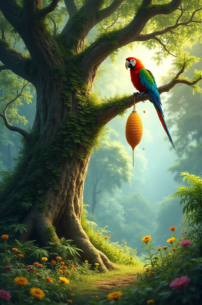 Tree in forest with parrot on branch and beehive on branch
