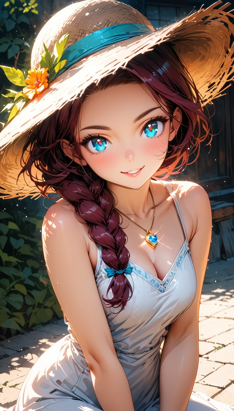 (masterpiece, very aesthetic:1.4), best quality, incredibly absurdres, Accurate, intricate, 8K, stunning, stylized,
ultra-detailed, (incredibly detailed:1.2), fine texture,
cinematic, recent, (vibrant:1.2), (clear pictures, clean lines, crisp edges), illustration, (soft lighting:1.2),
cowboy shot,
BREAK
1 beautiful girl, 18yo, small face, beautiful detailed face, narrow waist, The beauty and danger of growing from a girl to an adult, A symbol of miraculous beauty, Graceful posture, sensual, bewitching woman, (cleavage:0.8),
(burgundy hair, a long single braid hair:1.4), smooth hair, asymmetrical bangs,
BREAK
(aqua blue eyes), black oblong pupils, (slant eyes, glass-like sparkling eyes are blurry and dreamy, beautiful detailed eyes, growing eyes, long delicate eyelashes, Meticulous Eyelash Details),
BREAK
(white camisole Dress, Sleeveless, big straw hat:1.3), (a tiny heart-shaped golden colored ring pendant:1.4),
BREAK
A small, rural Japanese village under the intense summer sun,
In front of an old-fashioned, nostalgic dagashi candy shop, (drinking cold blue Ramune soda directly:1.2), the glass bottle sweating in the heat,
The scene is a mix of bright light and deep shadows, emphasizing the scorching heat and the refreshing moment,
BREAK
gorgeous lips, natural pink lips, beautiful detailed lips, Glossy,
(seductive smile:1.3), perfect eyes,