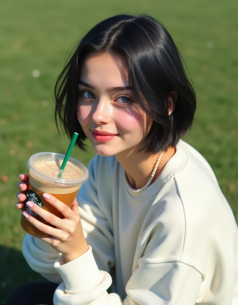 (RAW photo, best quality, masterpiece: 1.2), (photorealistic: 2), (Polish girl, 20 years old, black hair, Light grey eyes, short bob cut, hair in 7 thirds, hair over one ear, Symmetrical eyes, solo, Detailed Skin:1.1), White oversized sweatshirt, upper body, small pearl necklace, sitting on grass, drinking Starbucks latte in clear cup with green straw, side view, sunny, gel nails, smiling
