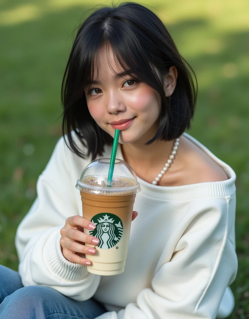 (RAW photo, best quality, masterpiece: 1.2), (photorealistic: 2), (Polish girl, 20 years old, black hair, Light grey eyes, short bob cut, hair in 7 thirds, hair over one ear, Symmetrical eyes, solo, Detailed Skin:1.1), White oversized sweatshirt, upper body, small pearl necklace, sitting on grass, drinking Starbucks latte in clear cup with green straw, side view, sunny, gel nails, smiling