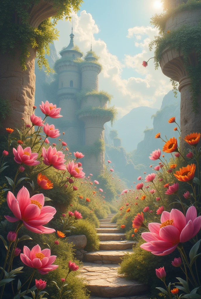 beautiful fantasy world with flowers, ringing, Hyper realistic, trend in artstation