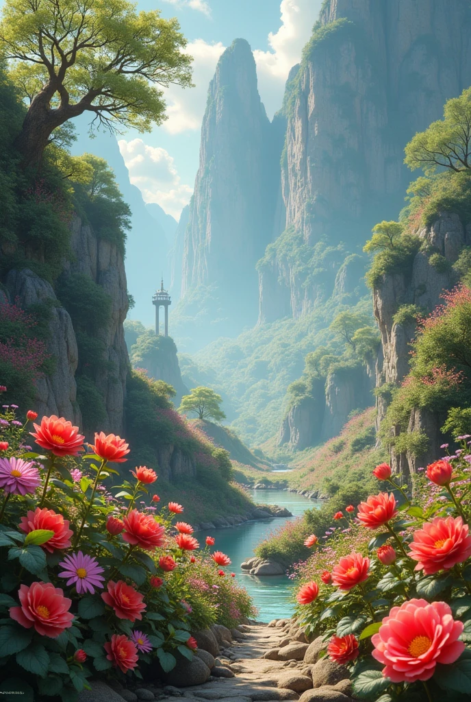 beautiful fantasy world with flowers, ringing, Hyper realistic, trend in artstation