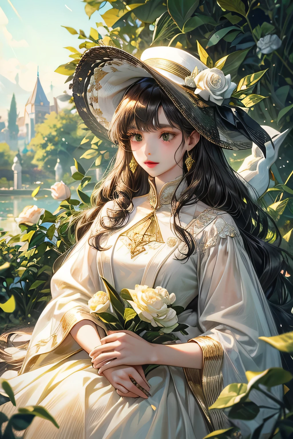 young girl, long curly hair, black eyes, white dress with hat, sweping the yard, green garden with rose flower, there's one gold manyar bird watching in tree