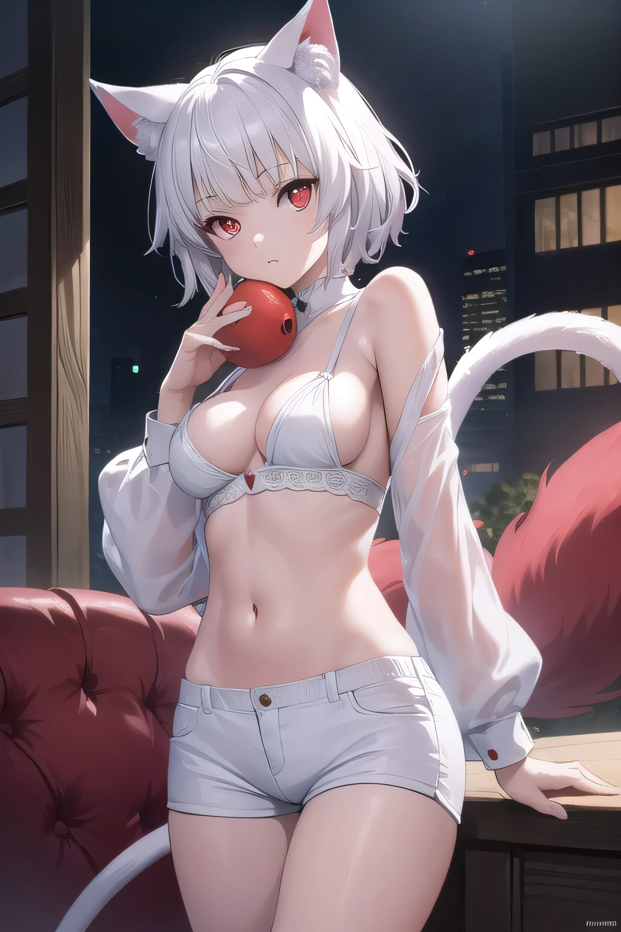 neferpitou, neferpitou, short hair, (red eyes:1.5), long sleeves, animal ears, tail, white hair, shorts, cat ears, cat tail, curly hair, (medium breast:1.2), BREAK looking at viewer, BREAK outside, BREAK (masterpiece:1.2), best quality, high resolution, unity 8k wallpaper, (illustration:0.8), (beautiful detailed eyes:1.6), extremely detailed face, perfect lighting, extremely detailed CG, (perfect hands, perfect anatomy), sexy post 