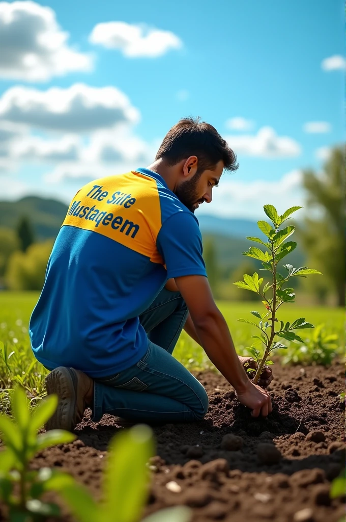 A man is planting a tree in blue and yellow shirt. A name The Sirate-Mustaqeem is written on the back of the shirt 