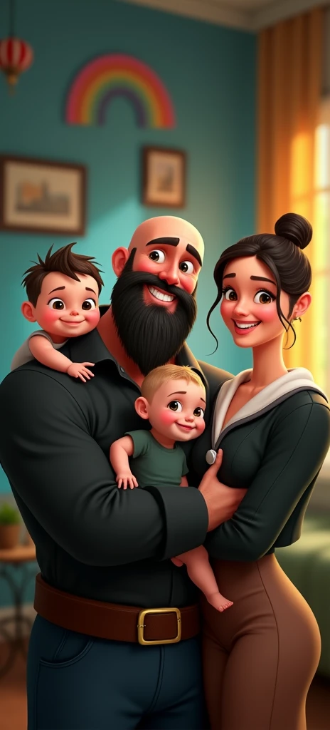 family of 3 people, an adult couple and an 8-month-old baby. The father is in the center, he is the tallest, big and strong, shaved bald hair and has a medium black Viking-style beard, with light brown eyes and a big smile. The father is holding the 8-month-old baby in his left arm. The eight-month-old baby has dark blond hair and big dark blue eyes. The mother has light brown hair and light brown eyes, her hair tied up and a beautiful smile, she is very beautiful and elegant. Character should be colorful and have a fun, friendly look, with exaggerated, expressive features.  Pixar style