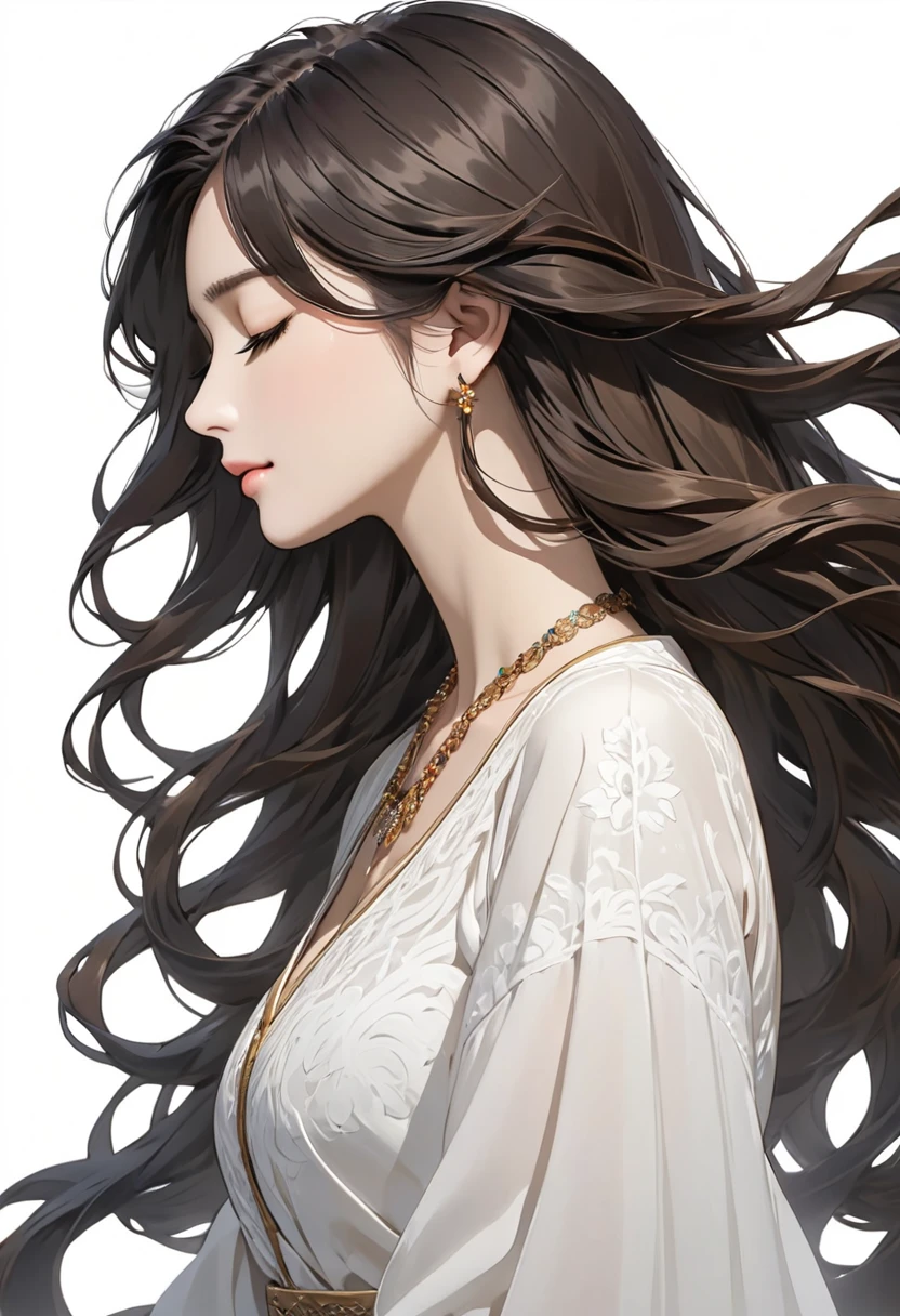 femal figure with long waves of dark brown hair and long neck, 1girl, solo, long hair, jewelry, closed eyes, necklace, black hair, simple background, white background, upper body