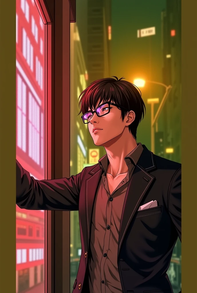 With glasses, straight hair, not dark, athletic body, glasses that match his figure, semi-formal clothing, mysterious, handsome, and a touch of anime drawings