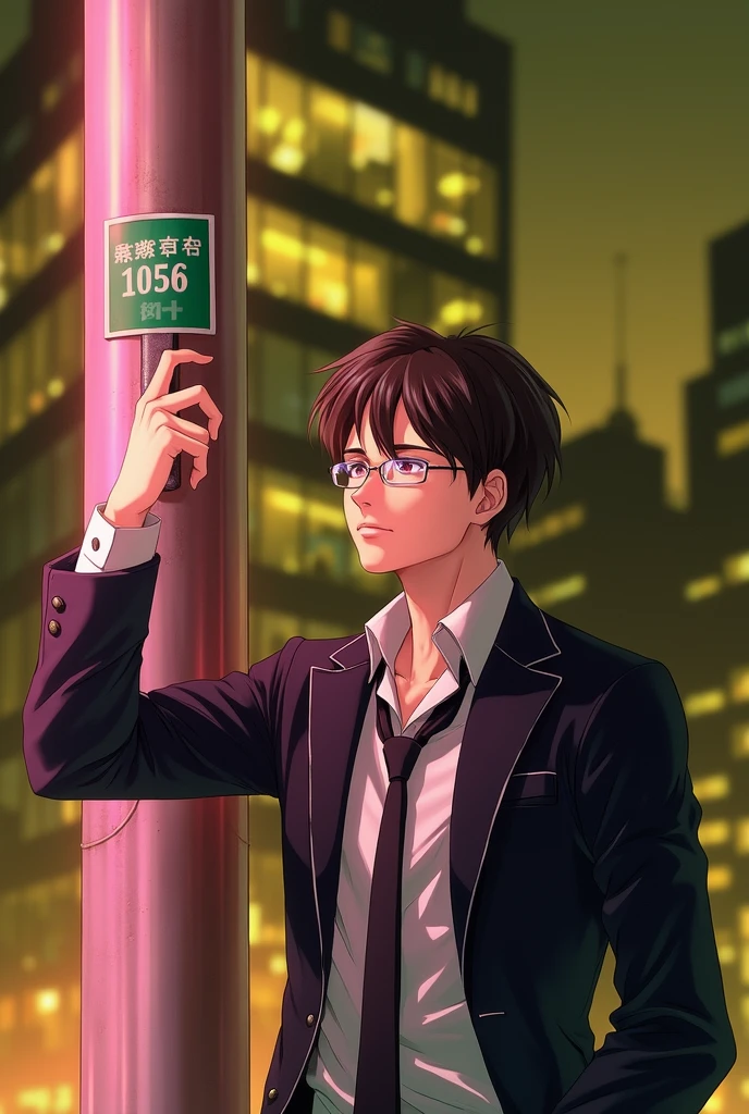 With glasses, straight hair, not dark, athletic body, glasses that match his figure, semi-formal clothing, mysterious, handsome, and a touch of anime drawings