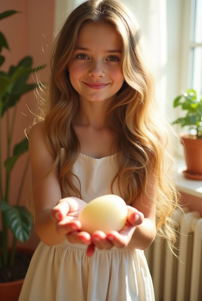 A girl of 21 showing albuminous creamy in her hand, showing its viscosity with other hand