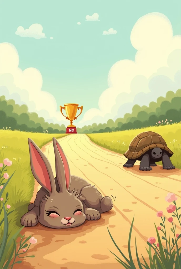 "A tired rabbit collapsed near the finish line, a determined tortoise approaching victory, race track, golden trophy in the background, soft pastel colors, children's book illustration style"