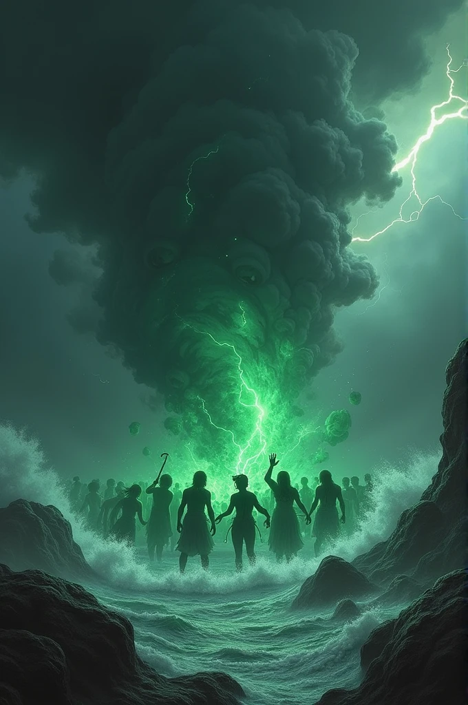 A dark, ominous cloud of poison rising from the ocean, with terrified Devas and Asuras recoiling in fear, their faces lit by the eerie glow of the toxic fumes.