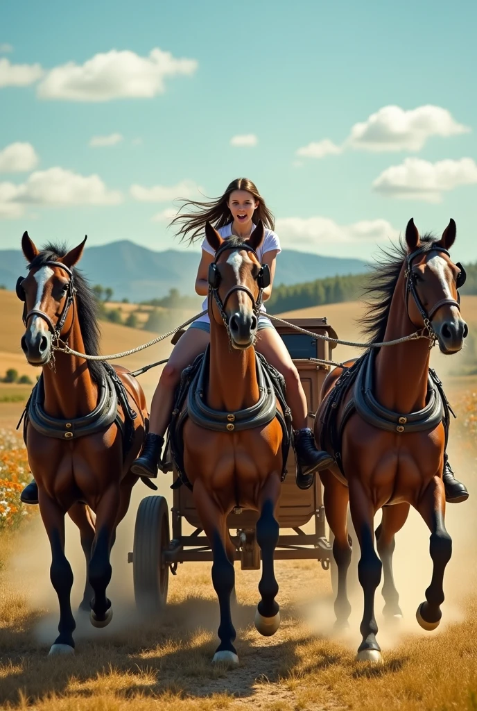 5 horses tied to a carriage, two horse try run in opposite direction, someone is sitting carriage terrified