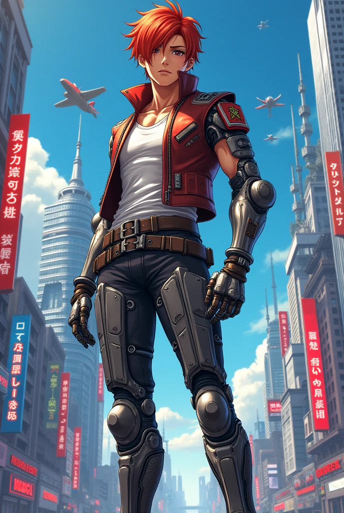Red-haired guy , with a metal arm and legs, in breeches and a sleeveless jacket, in anime style