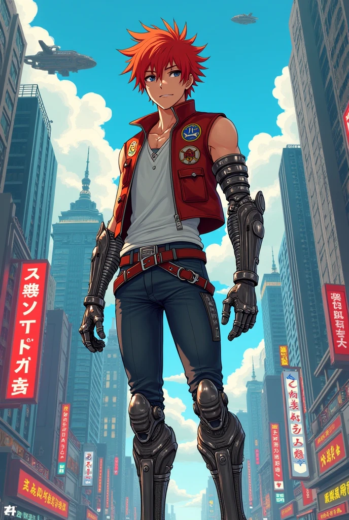 Red-haired guy , with a metal arm and legs, in breeches and a sleeveless jacket, in anime style