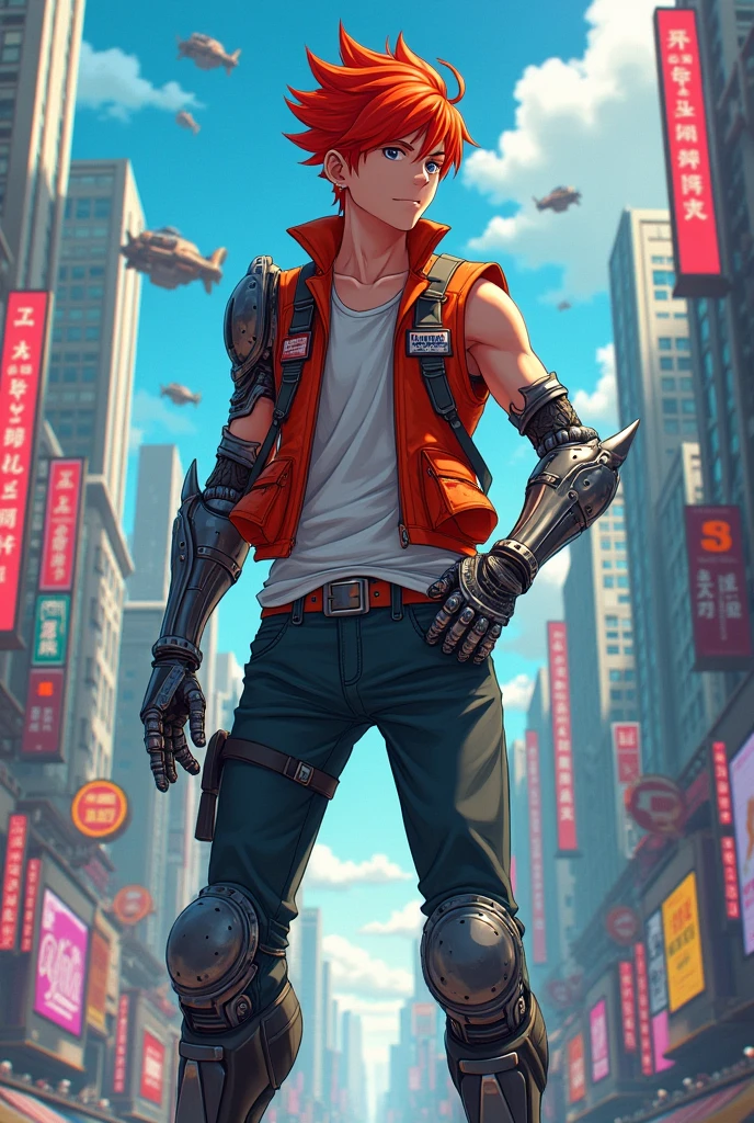 Red-haired guy , with a metal arm and legs, in breeches and a sleeveless jacket, in anime style