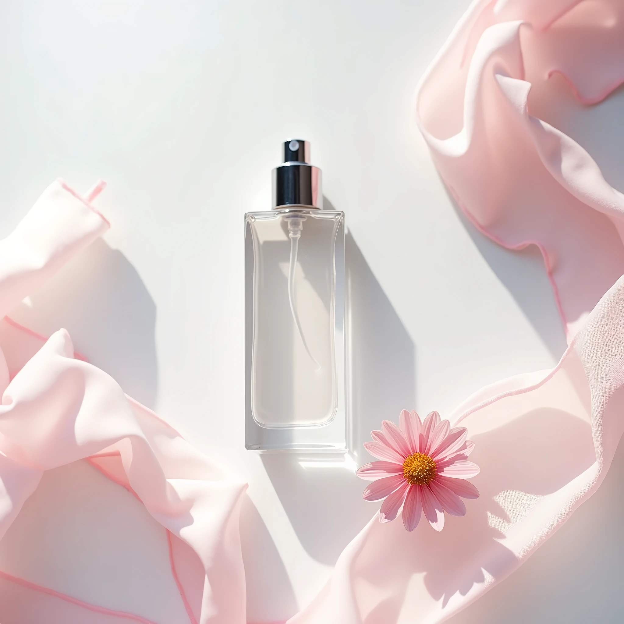 In this bottom view shot , the whitening essence bottle sits on a gleaming white surface , surrounded by wisps of pink chiffon . A flower next to the product. The bottle is slender and sophisticated , with a clear glass body and a gleaming silver cap . The chiffon adds a delicate , feminine touch to the image , while the clean lines and minimalist styling emphasize the elegance of the product . Shot by Ellen von Unwerth , using a Sony Alpha a7R IV and a Sony FE 50mm f /1.8 lens iw 2 --s 50
