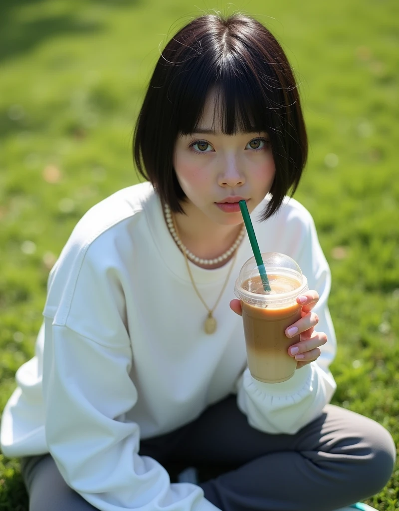 (RAW photo, best quality, masterpiece: 1.2), (photorealistic: 2), (Polish girl, 20 years old, black hair, Light grey eyes, short bob cut, hair in 7 thirds, hair over one ear, Symmetrical eyes, solo, Detailed Skin:1.1), Wearing a white oversized sweatshirt, dark grey pants, light blue and white Nike Jordans, a small pearl necklace, sitting Indian style on the grass, drinking a Starbucks latte from a clear cup with a green straw, angled slightly above, sunny, gel nails,
