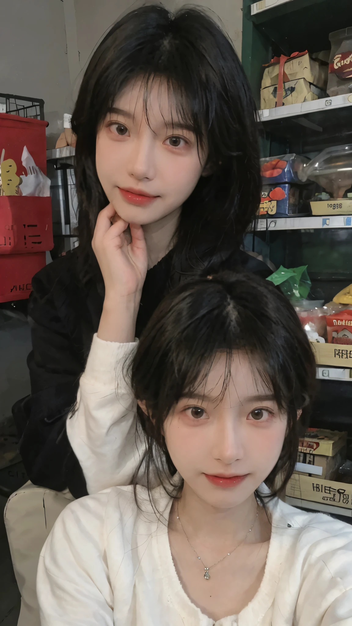 Best quality,Ultra-high resolution,(Realism:1.4),short hair,Cute hairpins,girll,Black Sweater,Look directly at the audience,Full of atmosphere,Beautiful woman with a slim figure:1.4,supermarket,whole body,Super delicate face,Exquisite eyes,Double eyelids,necklace