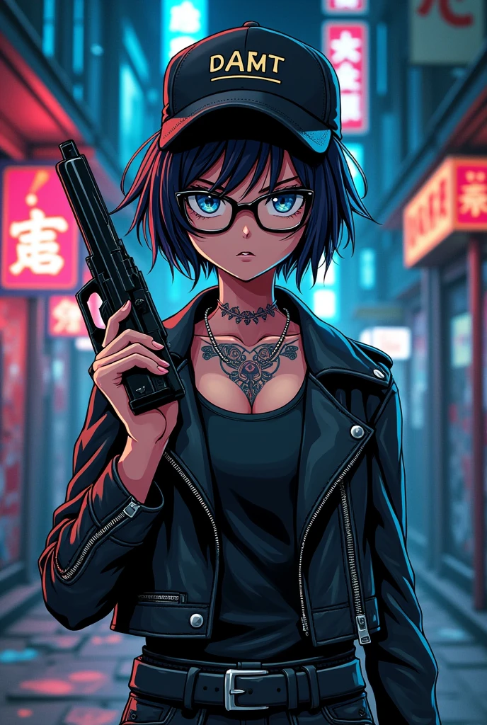 Tomboy shy anime girl yakuza leader glasses with gun