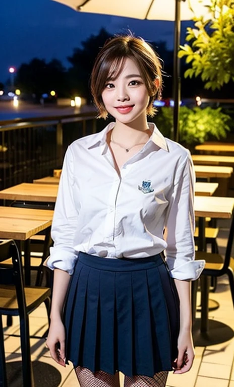(a cute girl with short bob hair or ponytail, wearing a university student uniform, relaxing in an outdoor cafe, hands on hip, wearing fishnet tights and loafers, with white shirt and a pleated skirt, kind smile, beautiful detailed eyes, beautiful detailed face, long eyelashes, beautiful detailed lips, dimpled cheeks, ample bosom, masterpiece, photo-realistic, ultra-detailed, 8k, high resolution portrait illustration, natural colors, bokeh night background, SFW, )