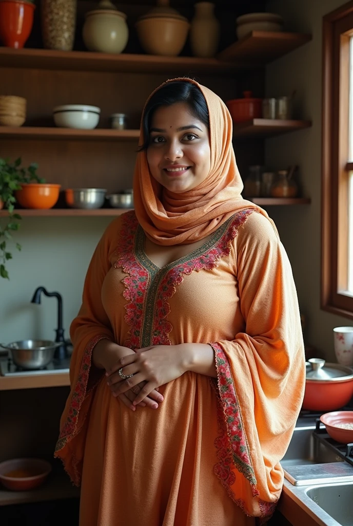 Hijab Indian curvy young female white fair skintone wearing sleepwear dress hijab scarf in kerala kitchen Realistic image. body figure looks like actress nithya menon.big breast. No carpet. No indoor plants. Front view. Wearing hijab scarf