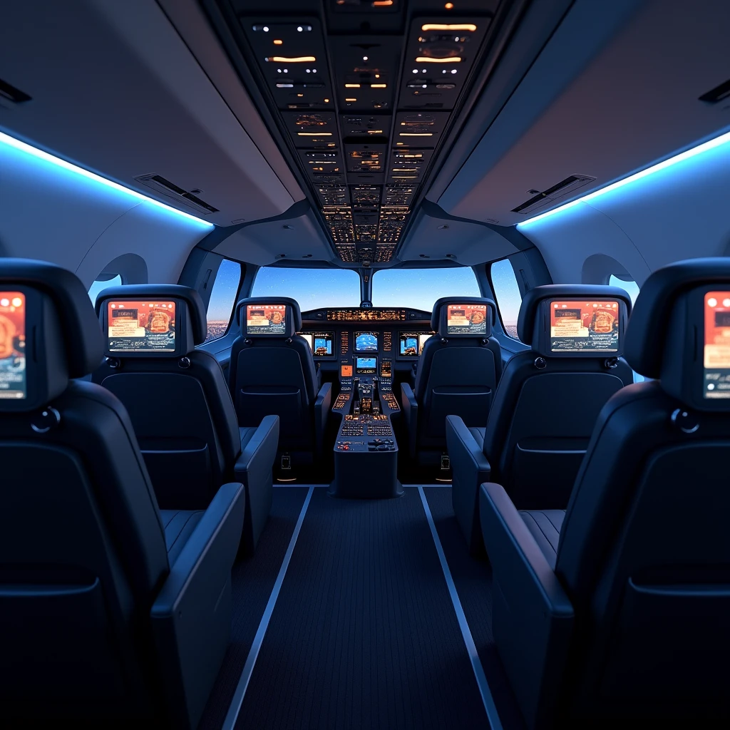 In the cockpit of the aircraft，You can see a lot of airplane seats，Three rows of seats on one side of the plane，Each seat has a screen on the headrest，Real Effects，No passengers，Can see out the window and back of the seat，Night effect，Rotate the camera 45 degrees  

