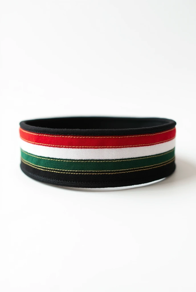 Black sweat headband with stripes of lines red and green on top and stripes of lines black and gold below leaving the middle white and it should have a white background