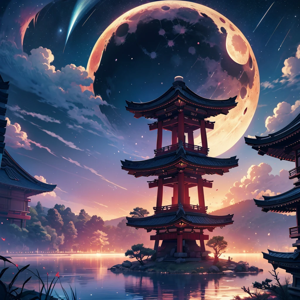 japanese torii gate, surreal, fantasy world, universe, moon, lake, dark night , clouds, dreamy, mysterious, ultra HD, high quality, 32k, simple plain background, 8k, hd, unreal engine, dreamy, romantic, mysterious, ,
