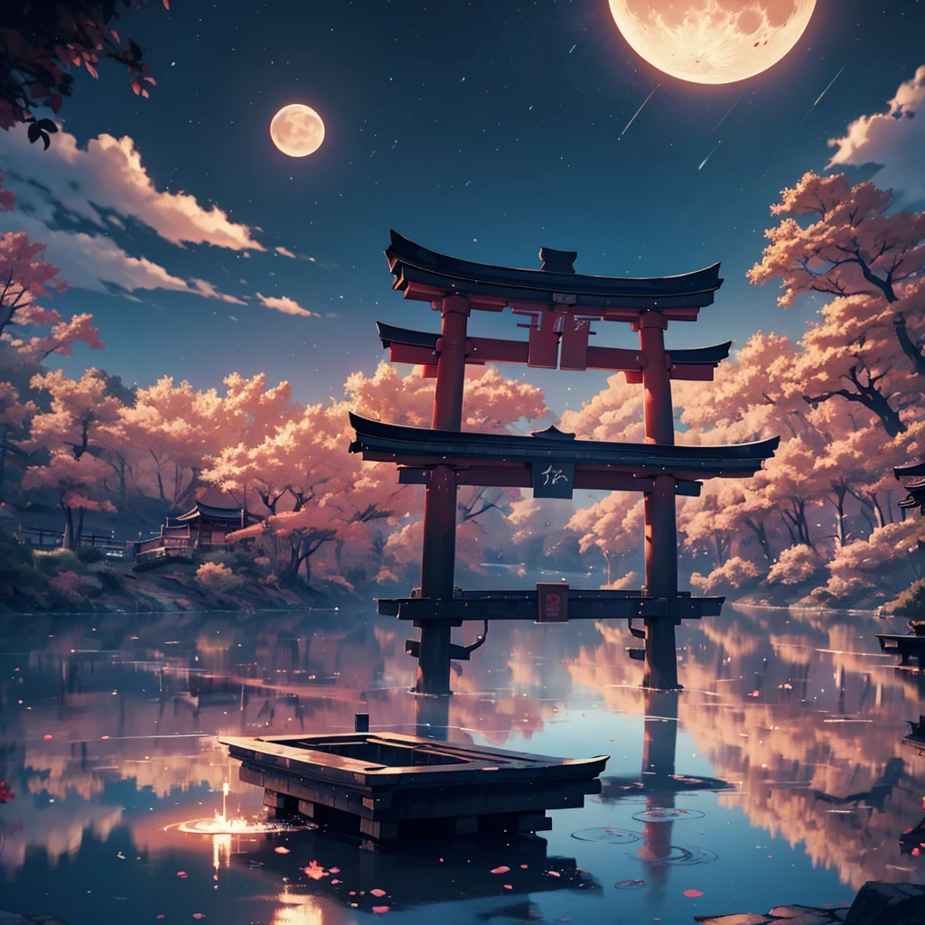 japanese torii gate, surreal, fantasy world, universe, moon, lake, dark night , clouds, dreamy, mysterious, ultra HD, high quality, 32k, simple plain background, 8k, hd, unreal engine, dreamy, romantic,  mysterious, ,