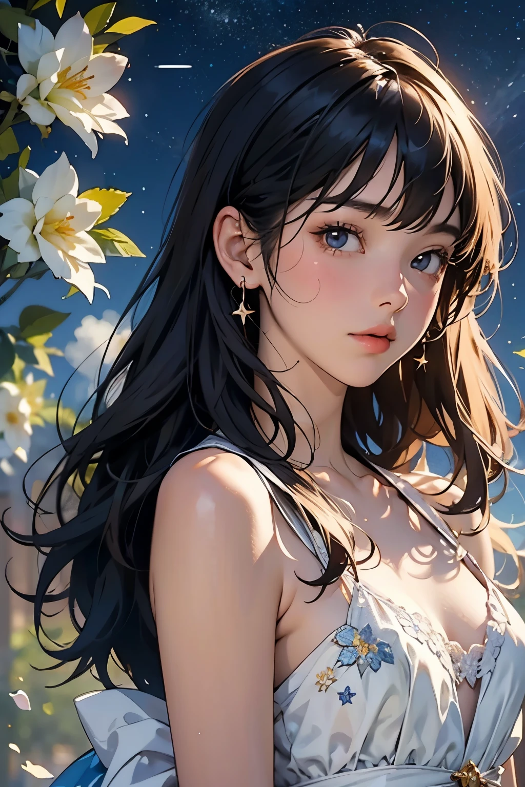 (Starry sky background:1.2)、Very beautiful girl, (Surrounded by lots of flowers)、Beautiful Skin、Glowing Skin, bright, Refreshing and gentle look, Perfect beautiful face、Beautiful shiny bangs, Small breasts,Lace dress,See through,Transparent beautiful stained glass background,