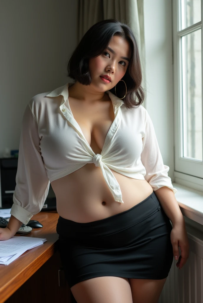 A 35 years old chubby indonesian woman with big breasts, big belly, bob cut hair style, wear sheer and tight white shirt with opened button, black mini skirt, sexy sensual and seductive expression and pose, holding some document, on the desk in the office, realistic photography, natural light, look at the viewer, 